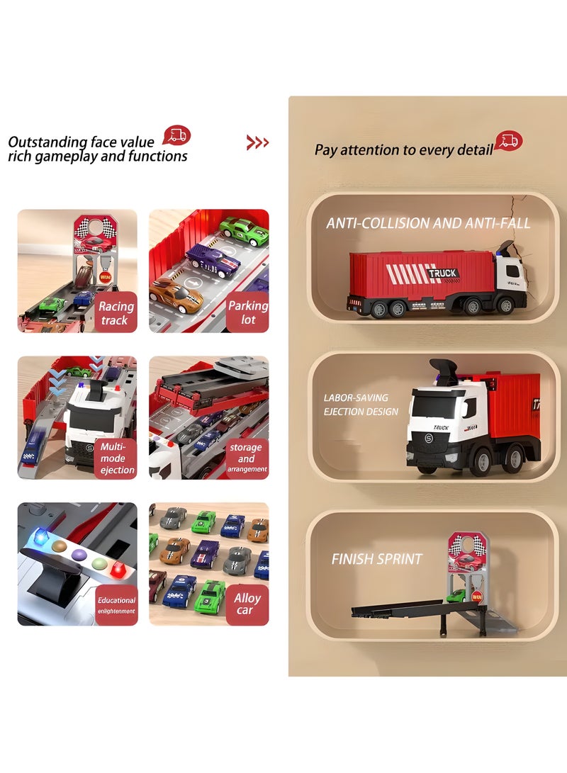 LIXADA Transforming Truck Transporter with Flashing Lights and Launching Race Track, Battery Powered with 8 Die-Cast Cars Included, Friction Push and Pull-back Operation, Plastic Space and Military Themed Playset for Ages 3-6  - Image 2