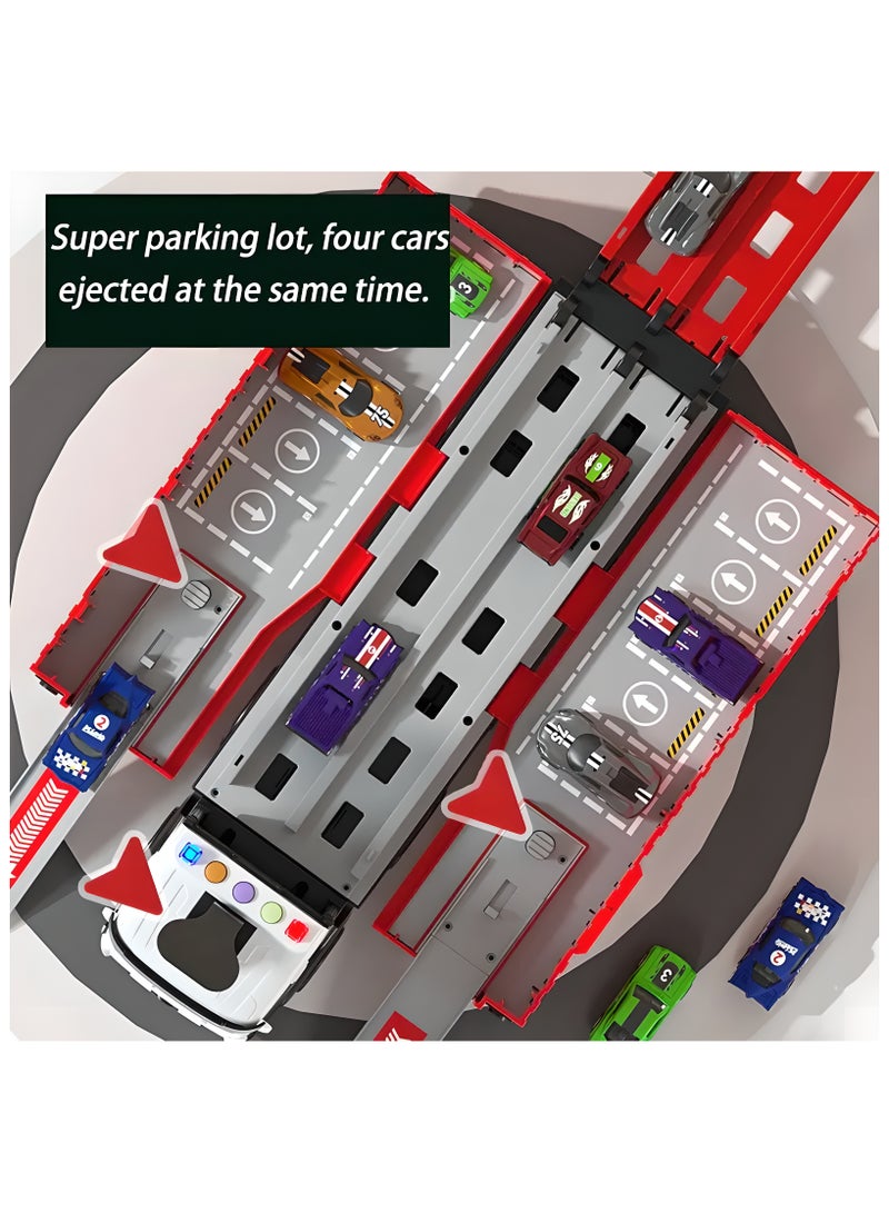 LIXADA Transforming Truck Transporter with Flashing Lights and Launching Race Track, Battery Powered with 8 Die-Cast Cars Included, Friction Push and Pull-back Operation, Plastic Space and Military Themed Playset for Ages 3-6  - Image 4