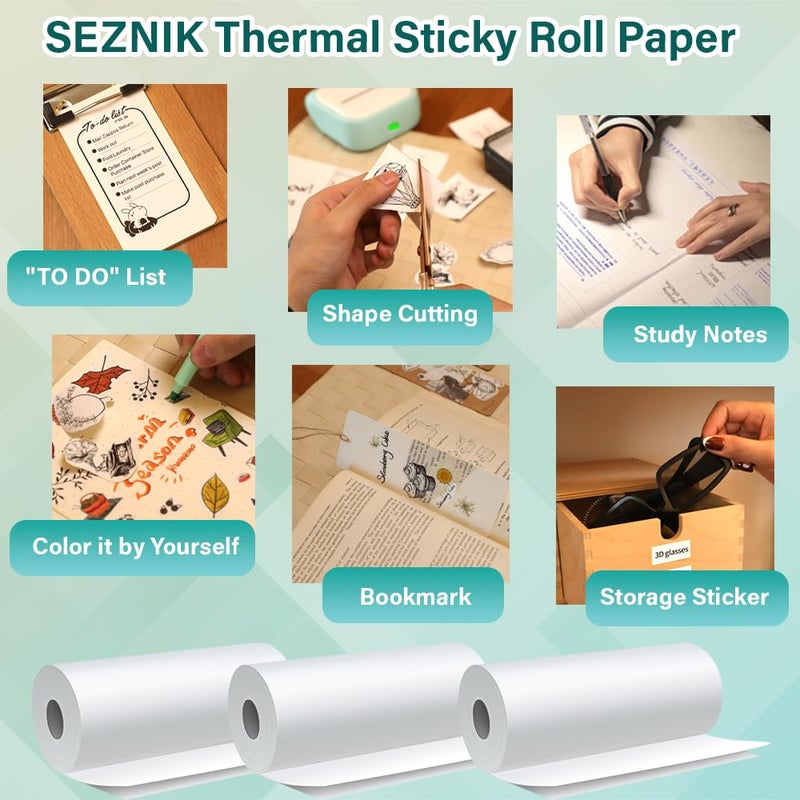 SEZNIK Sticky Adhesive Thermal Paper Rolls, Continuous 57mm Width Thermal Paper, 2 inch Thermal Paper for Mini Thermal Printer (White-57mm Width - Continuous Sticky Roll-Pack of 5) - Image 2