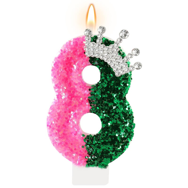 AKURIEEY Wicked Birthday Candle Crown Number 8 Candle Pink and Green 8th Birthday Cake Topper Cupcake Decorations Wicked Themed Party Decor Anniversary Celebrations Supplies - Image 1