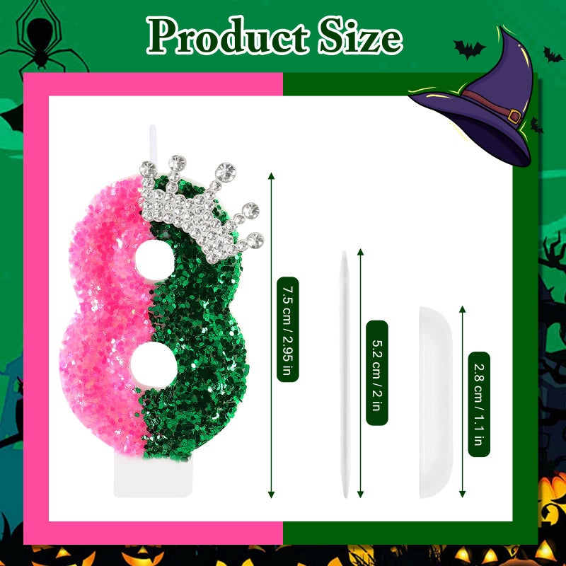 AKURIEEY Wicked Birthday Candle Crown Number 8 Candle Pink and Green 8th Birthday Cake Topper Cupcake Decorations Wicked Themed Party Decor Anniversary Celebrations Supplies - Image 3