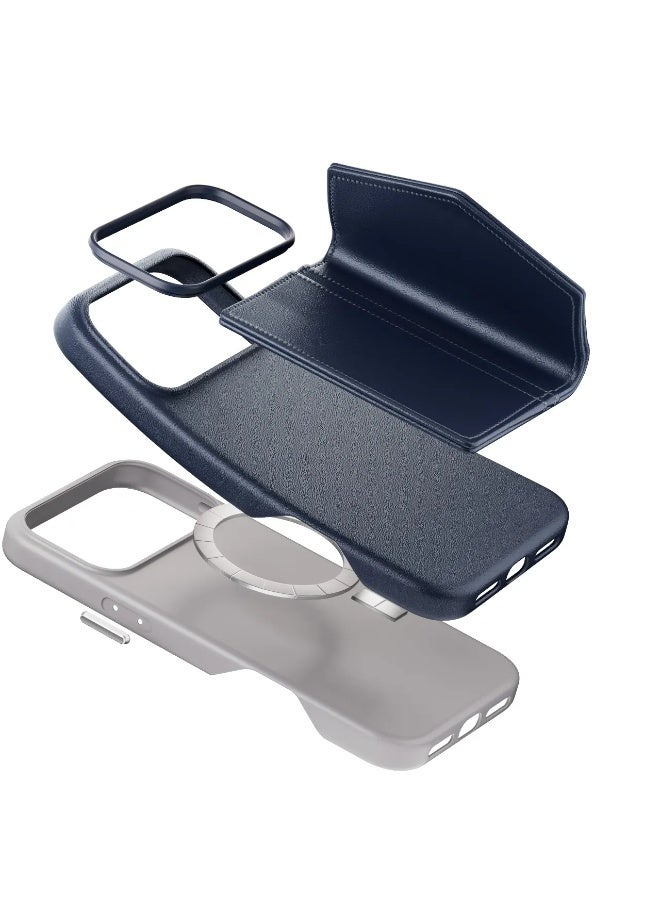 LEVELO iPhone 17 Pro Case MagSafe With Detachable Wallet Vertex PU Leather / Raised Bezels For Camera & Screen / Shock-Resistant-Bumper / Full-Wrap Leather Build Back Cover - Dark Blue - Image 5