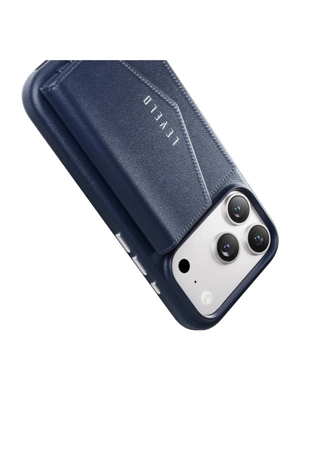 LEVELO iPhone 17 Pro Case MagSafe With Detachable Wallet Vertex PU Leather / Raised Bezels For Camera & Screen / Shock-Resistant-Bumper / Full-Wrap Leather Build Back Cover - Dark Blue - Image 4