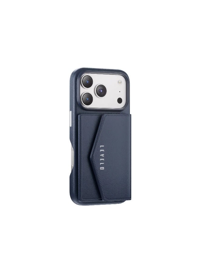 LEVELO iPhone 17 Pro Case MagSafe With Detachable Wallet Vertex PU Leather / Raised Bezels For Camera & Screen / Shock-Resistant-Bumper / Full-Wrap Leather Build Back Cover - Dark Blue - Image 2