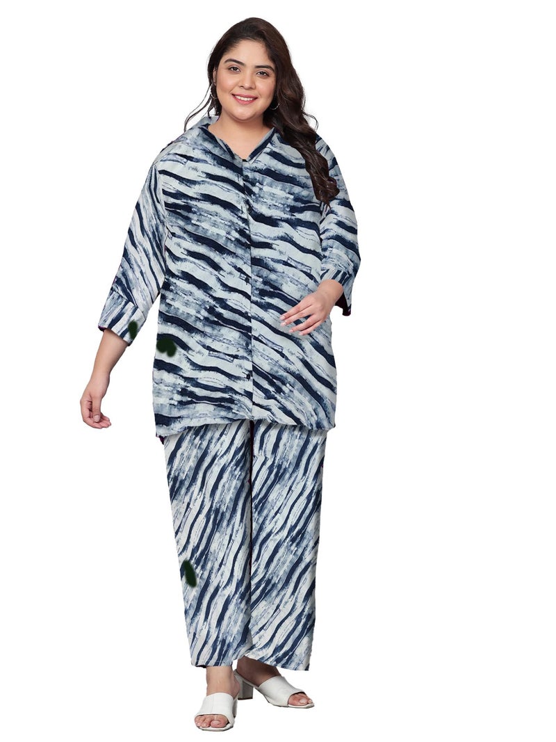Indietoga Women's Polyester Plus Size Casual Co-Ords Set (10001472_Blue Printed_7XL) - Image 1