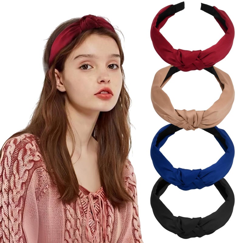 4 Pieces Headbands for Women Boho Wide Knot Hair Band Elastic Hair Hoop Plain Elastic Head Wrap Vintage Style Fabric Hair Band Accessories for Women and Girls - Image 1