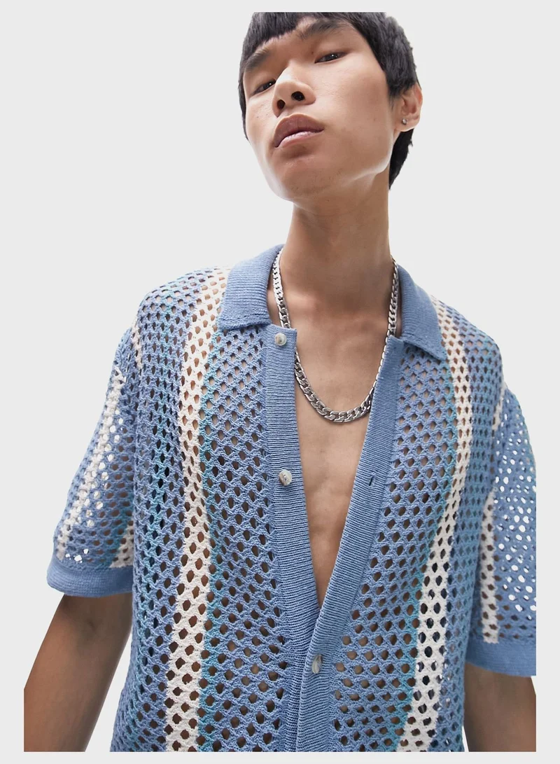 TOPMAN Crochet Button Down Striped Shirt