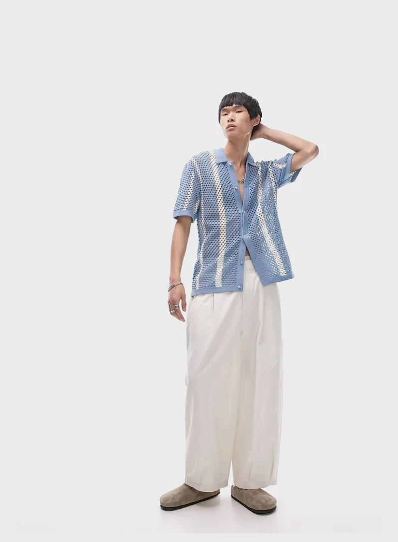 TOPMAN Crochet Button Down Striped Shirt
