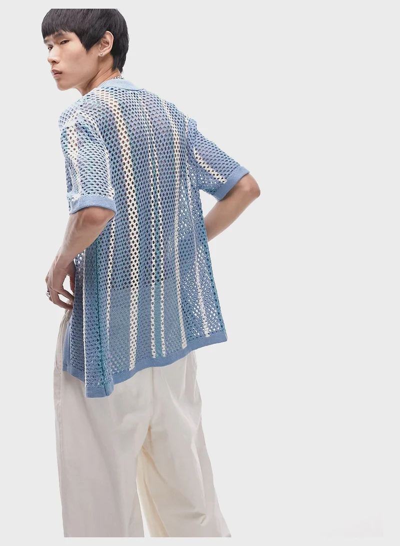TOPMAN Crochet Button Down Striped Shirt