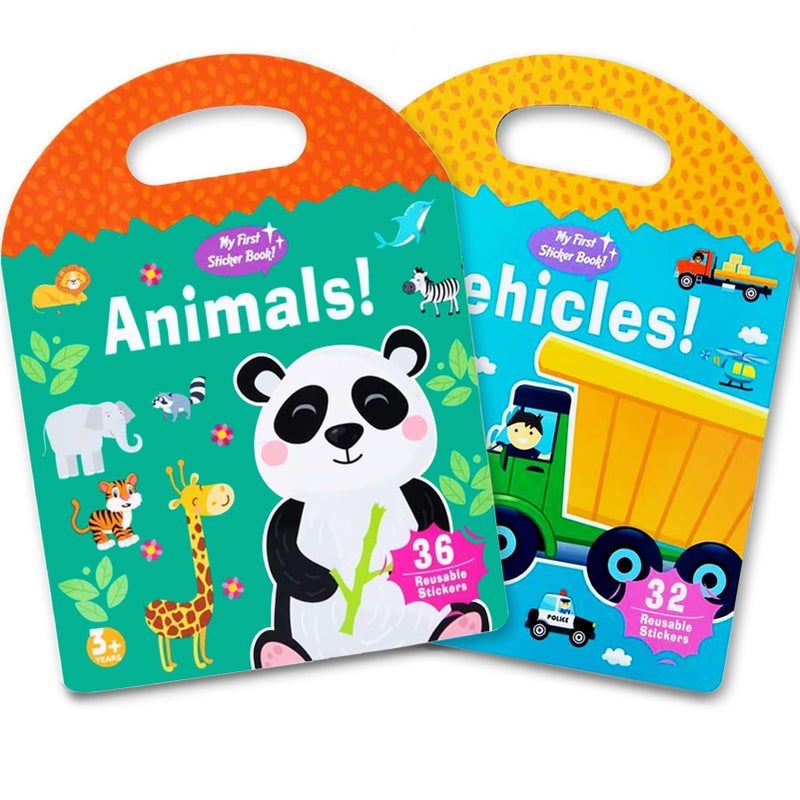 2 Sets Portable Jelly Quiet Busy Book Vehicle  Animal Reusable Sticker Books for Kids Toddler Sticker Activity Book Preschool Learning Activities Educational Toys for Girls Boys Ages 3