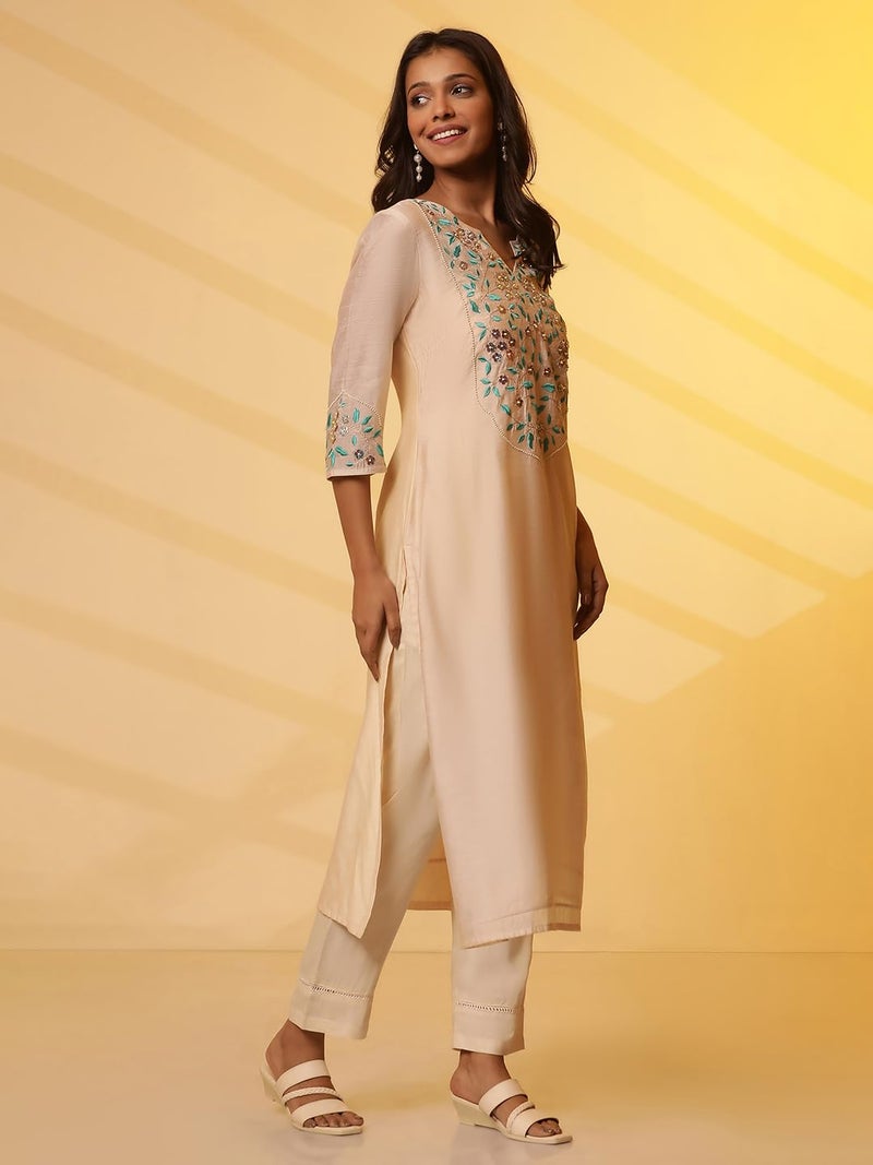 Aurelia Whote Embroidered Kurta, Trousers and Dupatta Set (Size: M)-24FEAS15111-704735 White - Image 5
