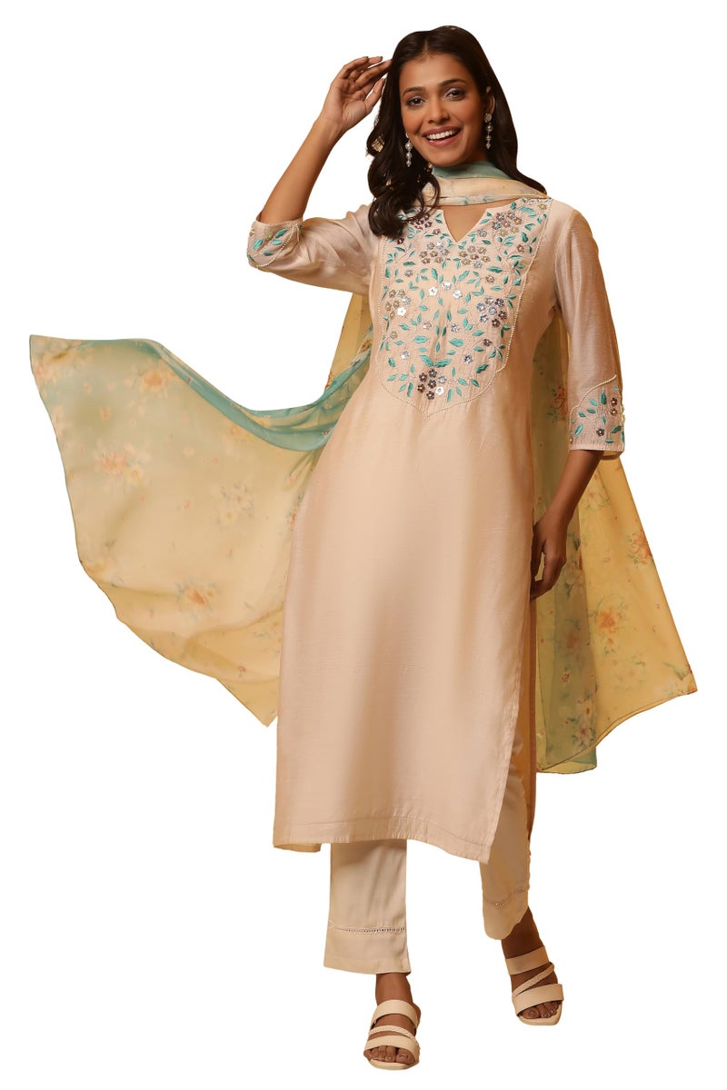 Aurelia Whote Embroidered Kurta, Trousers and Dupatta Set (Size: M)-24FEAS15111-704735 White - Image 1