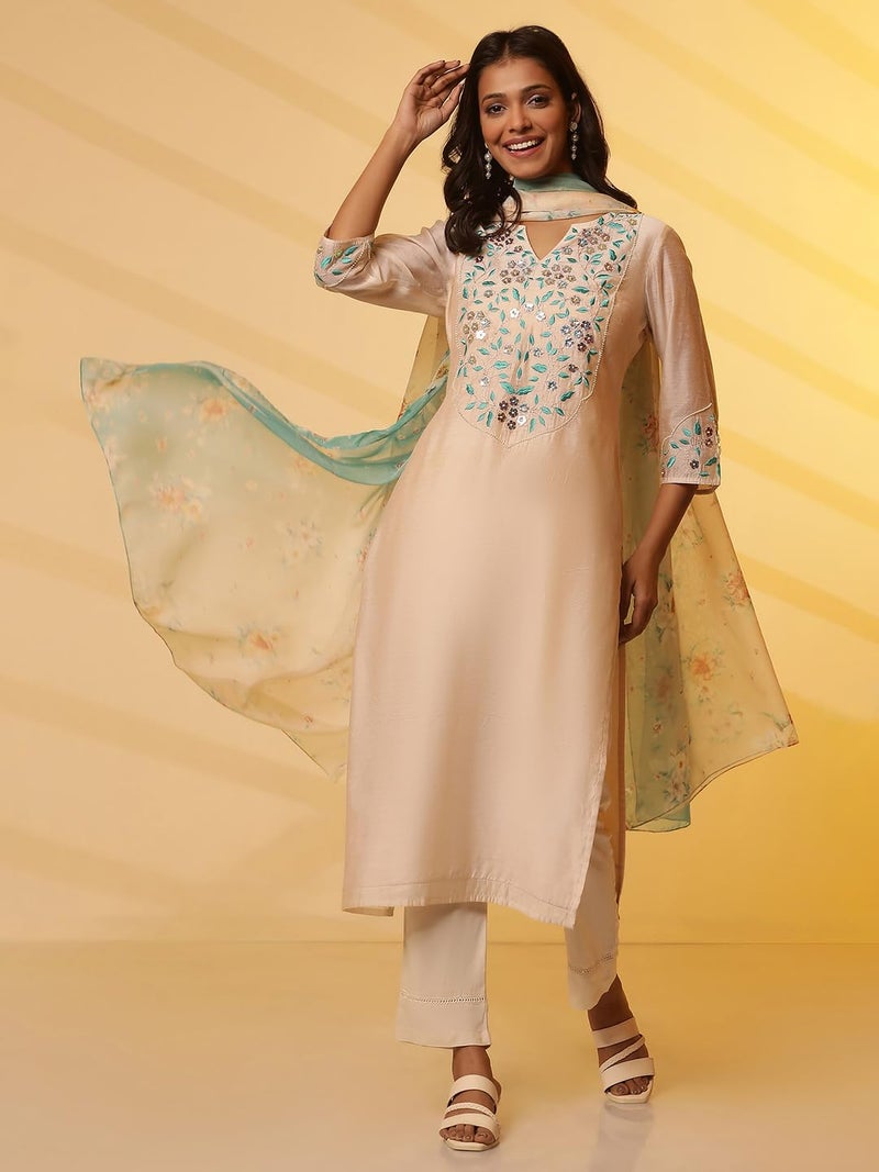 Aurelia Whote Embroidered Kurta, Trousers and Dupatta Set (Size: M)-24FEAS15111-704735 White - Image 2