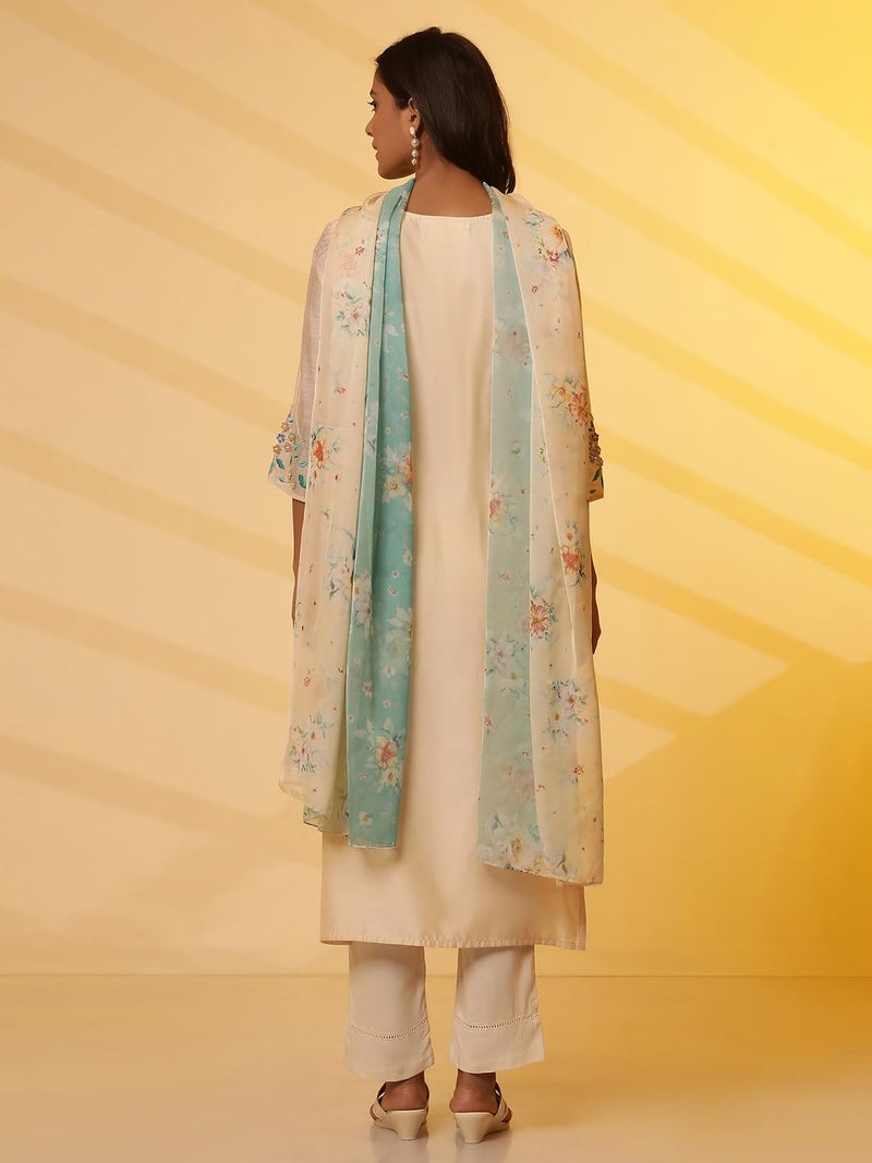 Aurelia Whote Embroidered Kurta, Trousers and Dupatta Set (Size: M)-24FEAS15111-704735 White - Image 4