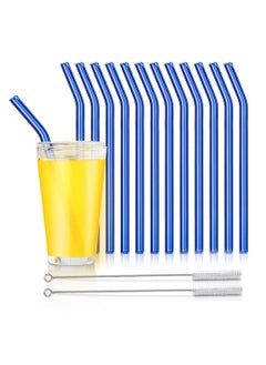 Reusable Glass Straws, Reusable Bent Glass Drinking Straws with 2 Cleaning Brushes, Reusable Straws for Smoothies, Milkshakes, Juice (Blue, 12 Pack)