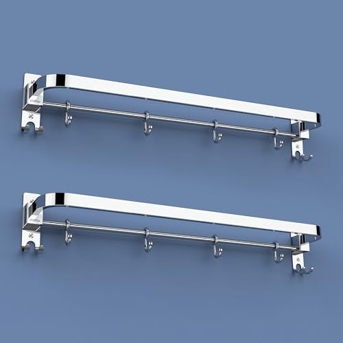 Plantex Anti Rust 304 Grade Stainless Steel Folding Single Towel Rod with Hooks/Towel Holder for Bathroom/Towel Bar/Hanger/Bathroom Accessories - Pack of 2 (24 Inch-Chrome) - Image 1
