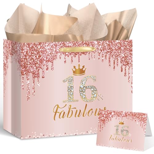 Yoirrat Rose Gold 16 Fabulous 16th Birthday Gift Bag for Girls Large Pink Happy Sweet 16th Birthday Gift Bag with Wrapping Paper Card for 16th Sixteen Bday Decorations Party Supplies - Image 2