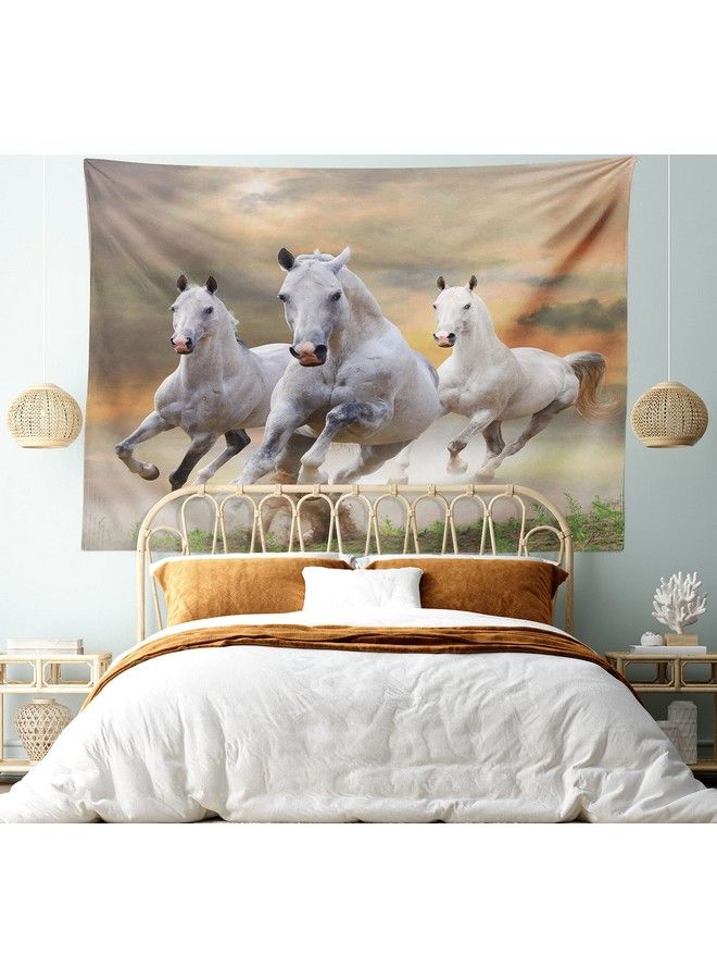 Ambesonne Horses Tapestry Stallion Horses Running On A Mystic Sky Background Male Champions Print Wide Wall Hanging For Bedroom Living Room Dorm 60" X 40" White Orange - Image 1