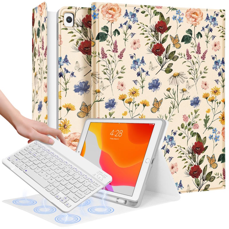 Wazzasoft for iPad 9th/8th/7th/Air 3rd Generation/Pro 10.5 Inch Case Keyboard Pencil Holder Folio Tablet Cover Women Girl Cute Girly Teen Kawaii Floral Flower Unique Design for Apple 10.2 & 10.5 Inch - Image 1