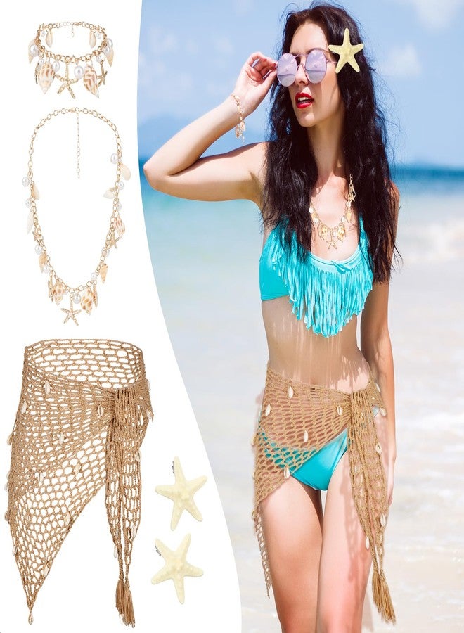 XEPST Mermaid Costume for Women - 5PCS Siren Costume Mermaid Accessories Set With Sarong Crochet Skirt Cover Up, Khaki, One size - Image 4