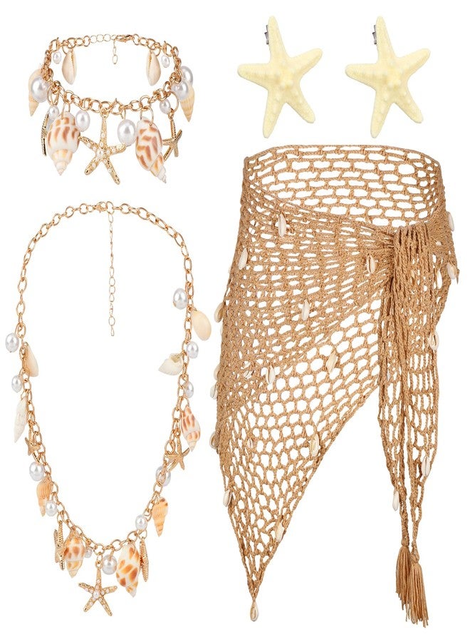 XEPST Mermaid Costume for Women - 5PCS Siren Costume Mermaid Accessories Set With Sarong Crochet Skirt Cover Up, Khaki, One size - Image 1
