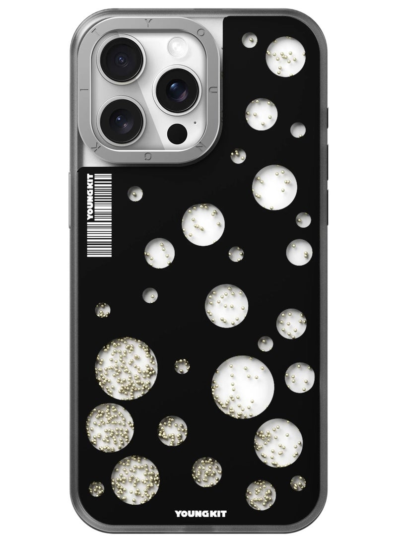 YOUNG KIT حافظة آيفون 15 برو ماكس 6.7 بوصة من سلسلة FlowBeads بتصميم نقاط البولكا - لون أسود - Image 1