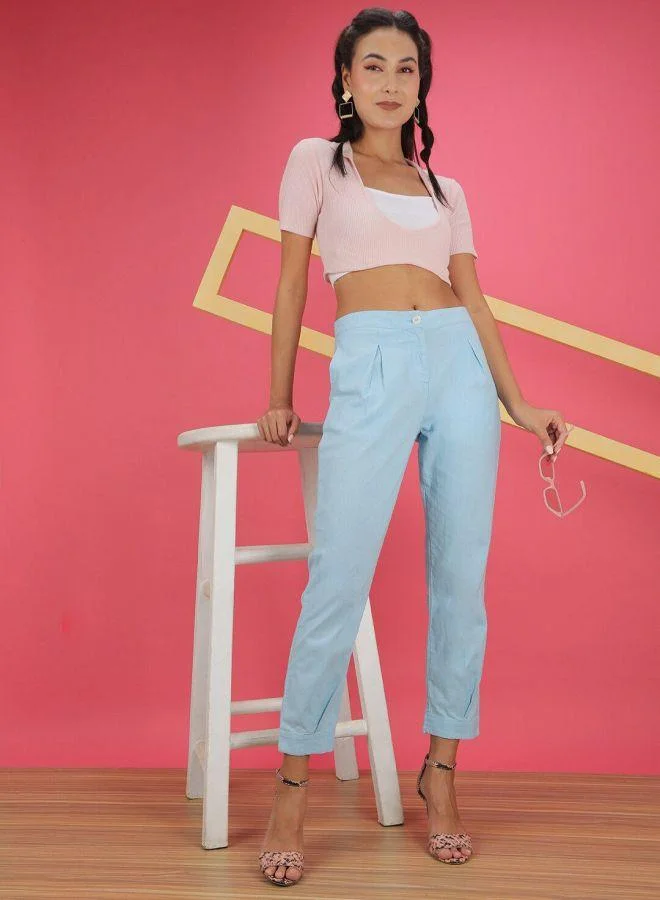 Women Tapered Solid Mid-Rise Pleated Pants