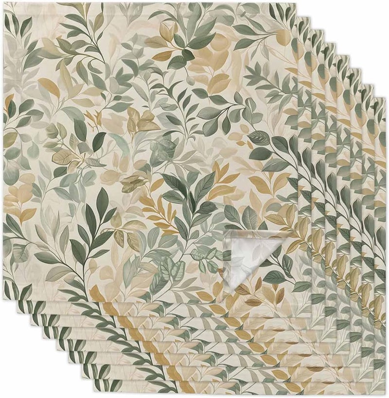 PIEPLE Sage Green Leaf Cloth Napkins Set of 8 Vintage Botanical Pastoral Plant Washable Reusable Dinner Cocktail Napkin for Kitchen Party Wedding Banquet Holiday Baby Shower Table Decor - Image 1