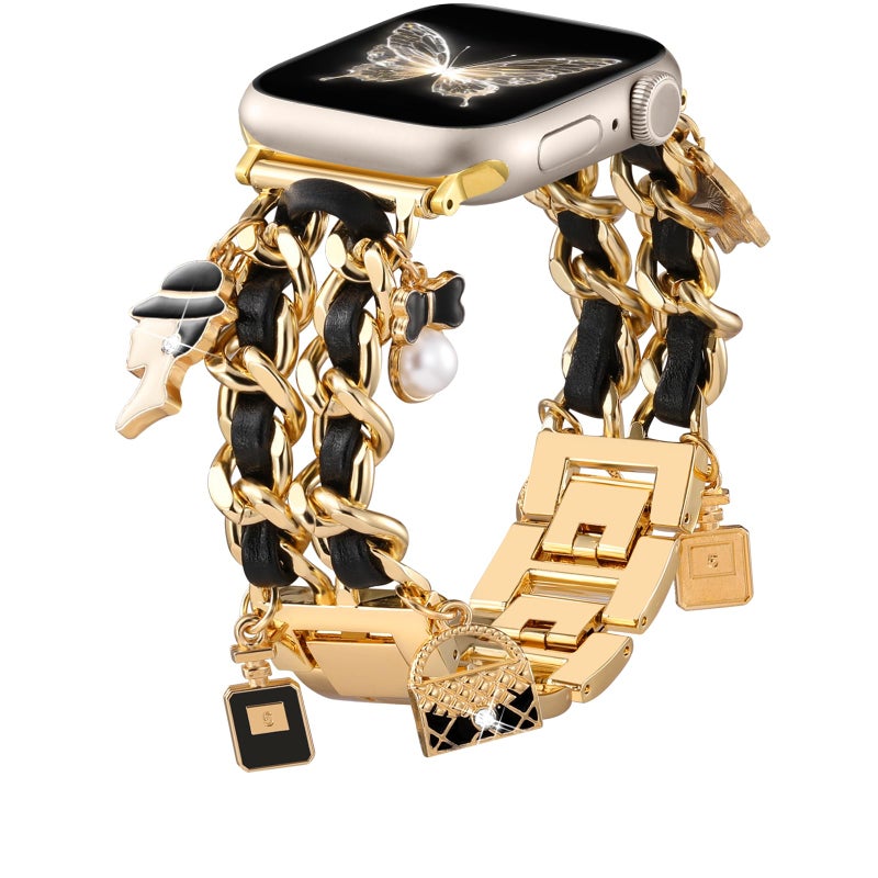 DaQin Stylish Metal Band Compatible with Apple Watch Band for Women 44mm 42mm 45mm 46mm,Pretty Chain Replacement Strap with Apple Watch Accessories Charms for iWatch Series 11 10 9 8 7 6 5 4 3 2 SE - Image 1