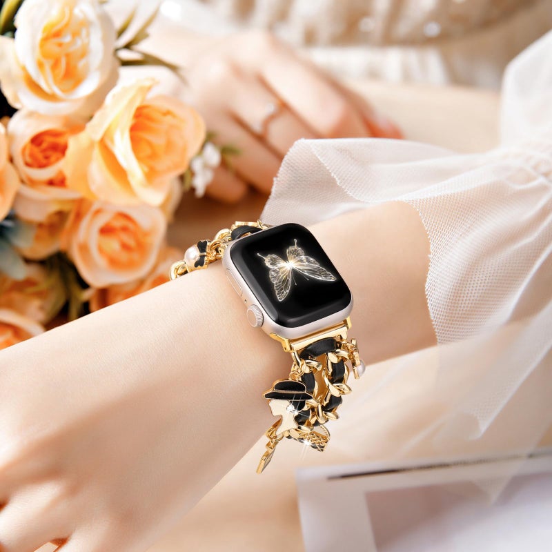 DaQin Stylish Metal Band Compatible with Apple Watch Band for Women 44mm 42mm 45mm 46mm,Pretty Chain Replacement Strap with Apple Watch Accessories Charms for iWatch Series 11 10 9 8 7 6 5 4 3 2 SE - Image 3