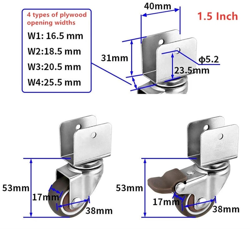 U Shape Caster 4Pcs Universal Wheel With Brake Steering For Furniture 2 Inch - Image 3