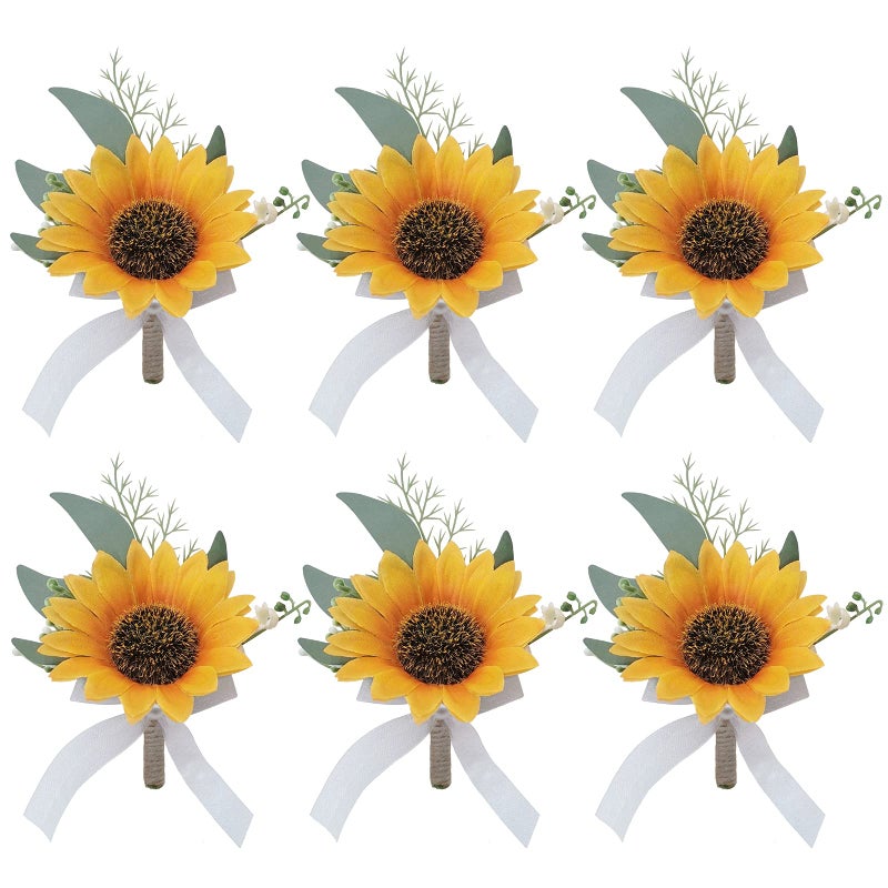 WEIERYUE Artificial FlowersSunflower BoutonniereBride Groom Bridesmaid Wedding Flower Boutonniere Corsage Set Simulation SunflowerFormal Dinner Party and French Rustic Fall Vintage Wedding