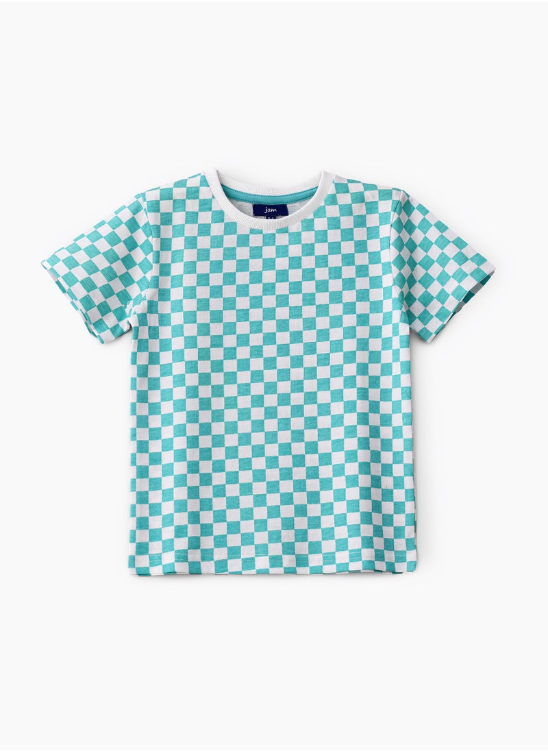 JAM Vibrant Checkered Cotton T-Shirt for Boys - Teal  - Image 1