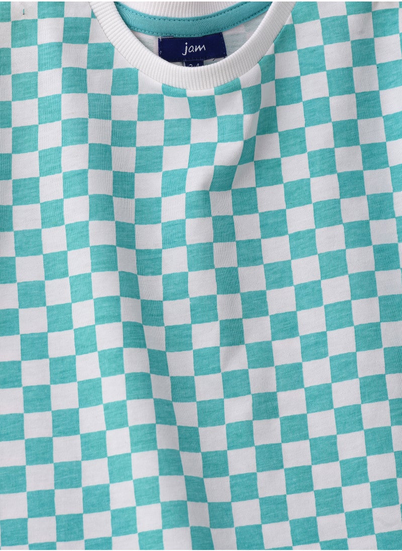 JAM Vibrant Checkered Cotton T-Shirt for Boys - Teal  - Image 3
