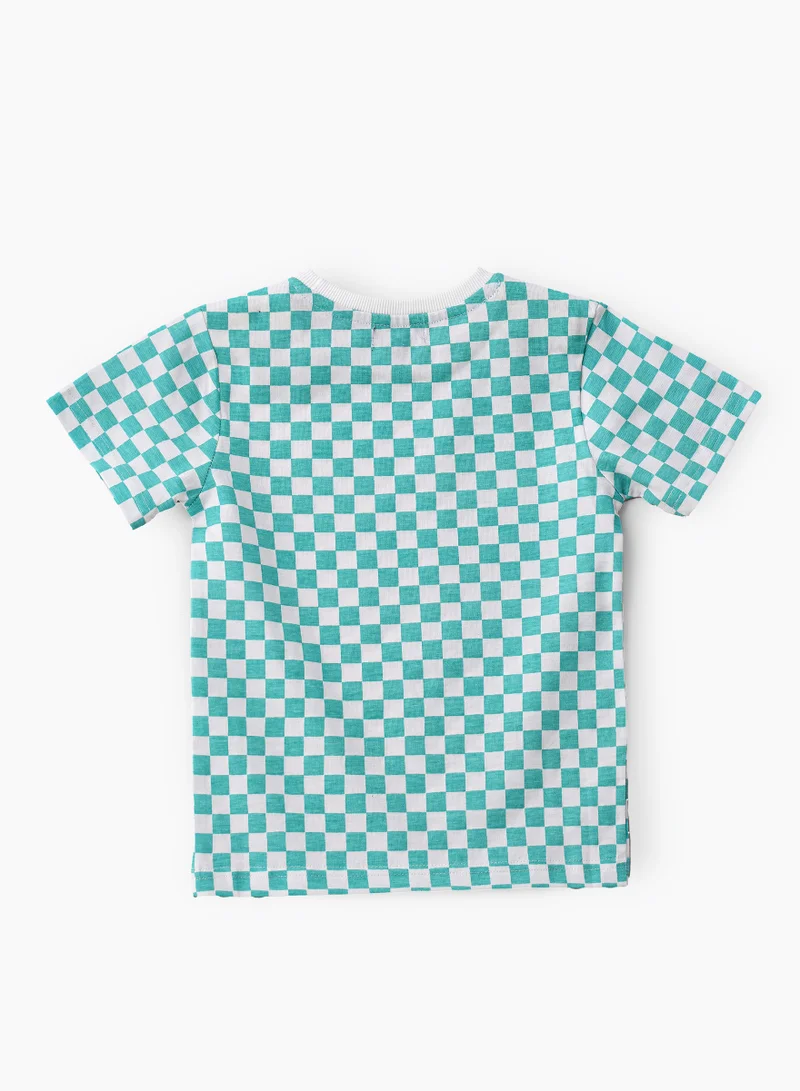 JAM Vibrant Checkered Cotton T-Shirt for Boys - Teal