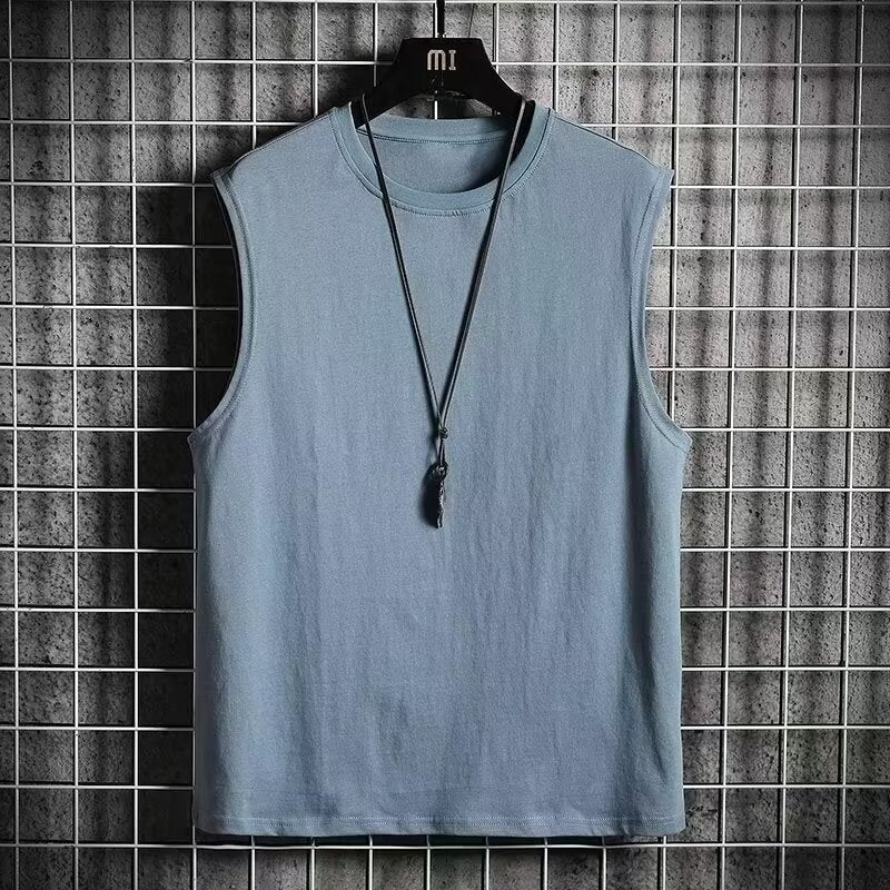2024 Mens Summer Loose Round Neck Fashionable T-shirt Simple Solid Color Sleeveless T-shirt Vest Shoulder Jacket Top Light gray  - Image 4
