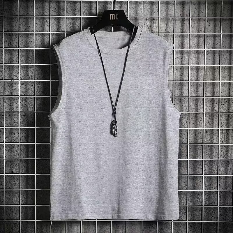 2024 Mens Summer Loose Round Neck Fashionable T-shirt Simple Solid Color Sleeveless T-shirt Vest Shoulder Jacket Top Light gray  - Image 1