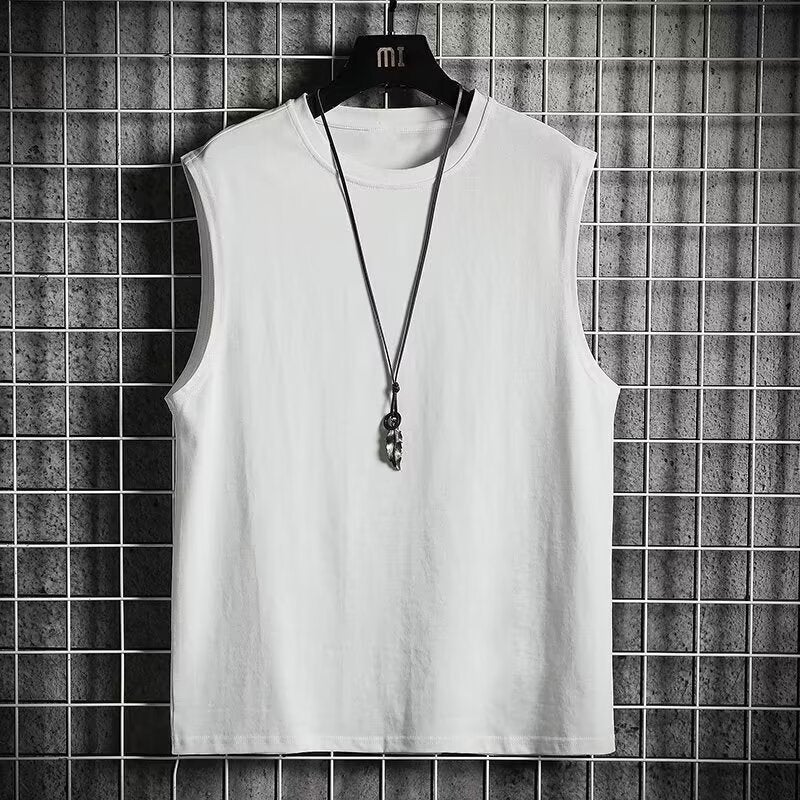 2024 Mens Summer Loose Round Neck Fashionable T-shirt Simple Solid Color Sleeveless T-shirt Vest Shoulder Jacket Top Light gray  - Image 3