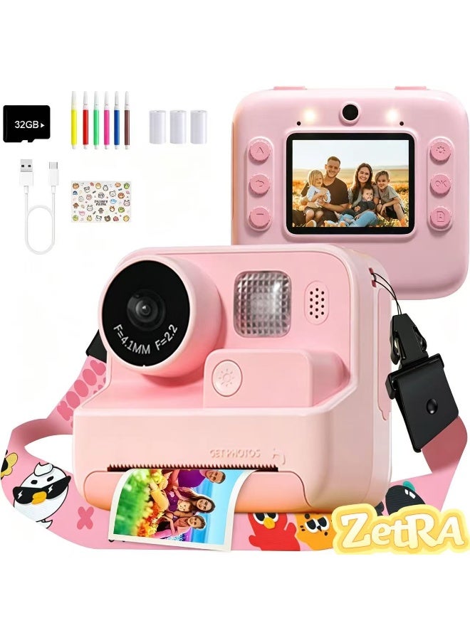 زيترا كاميرا الطباعة الفورية للأطفال ، 48MP الرقمية مع حبر صفر ، فيديو Selfie 1080P ، بطاقة TF 32G ، هدايا لعب للبنات الأولاد 3-12 ، عيد الميلاد / عيد الميلاد / العطلة (الوردي) - Image 1