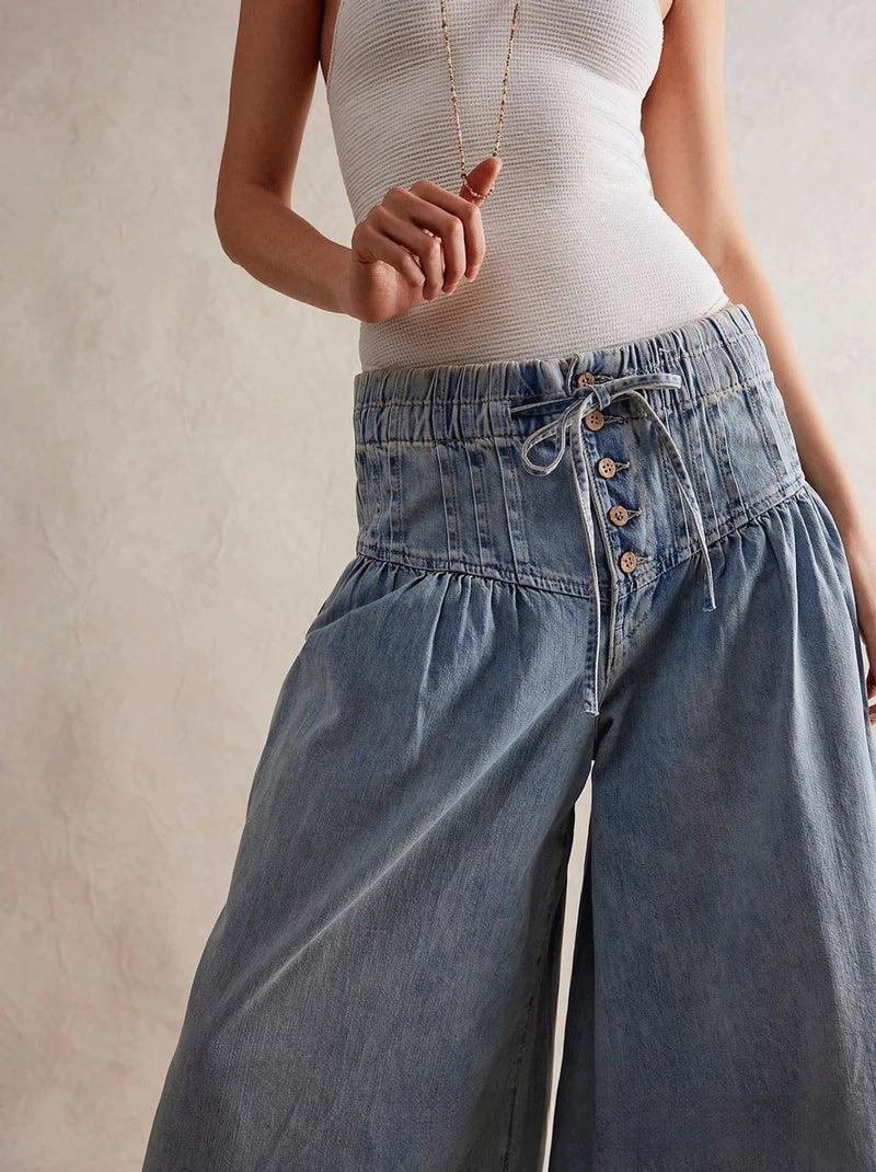 CHARTOU Women's Baggy Wide Leg Denim Pants Drawstring Midi Waisted Flare Jeans Ruffle Pleated Button Jeans (Small,Light Blue) - Image 5