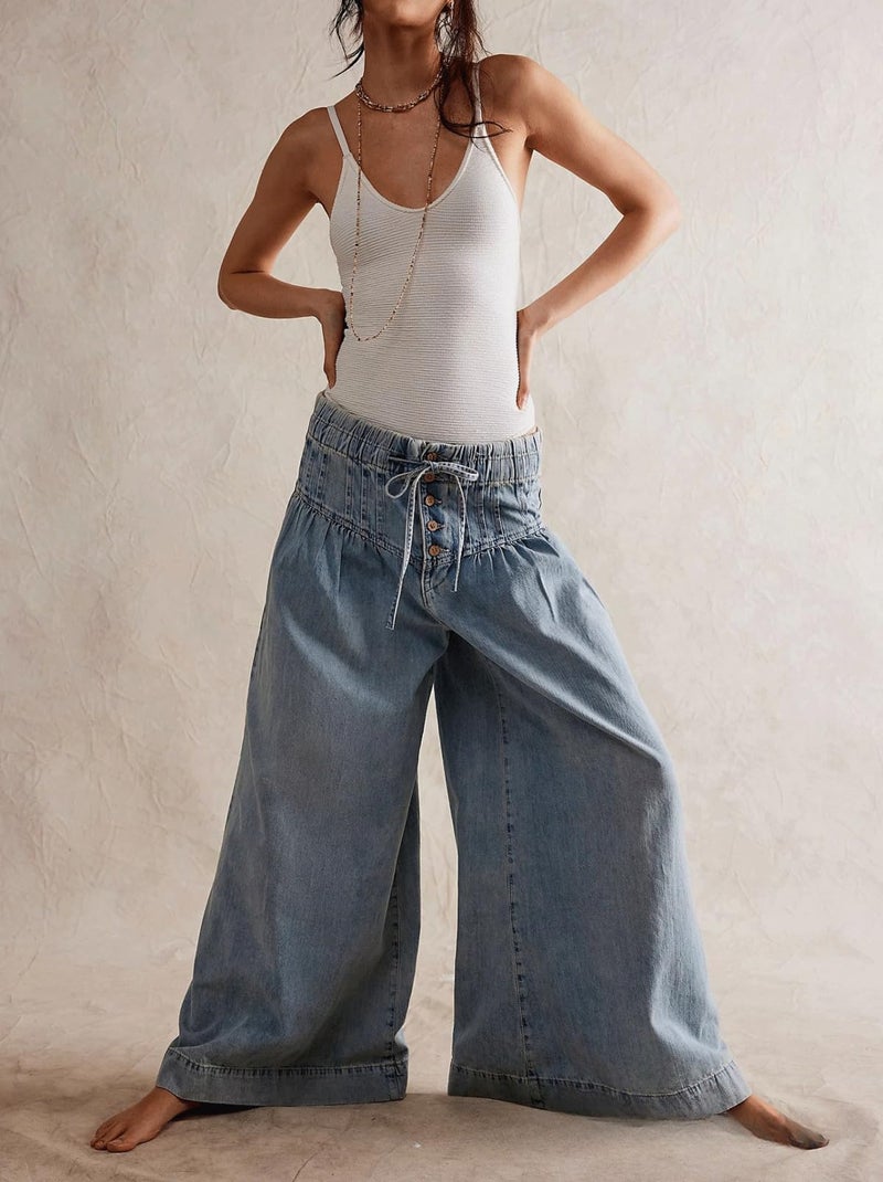 CHARTOU Women's Baggy Wide Leg Denim Pants Drawstring Midi Waisted Flare Jeans Ruffle Pleated Button Jeans (Small,Light Blue) - Image 3