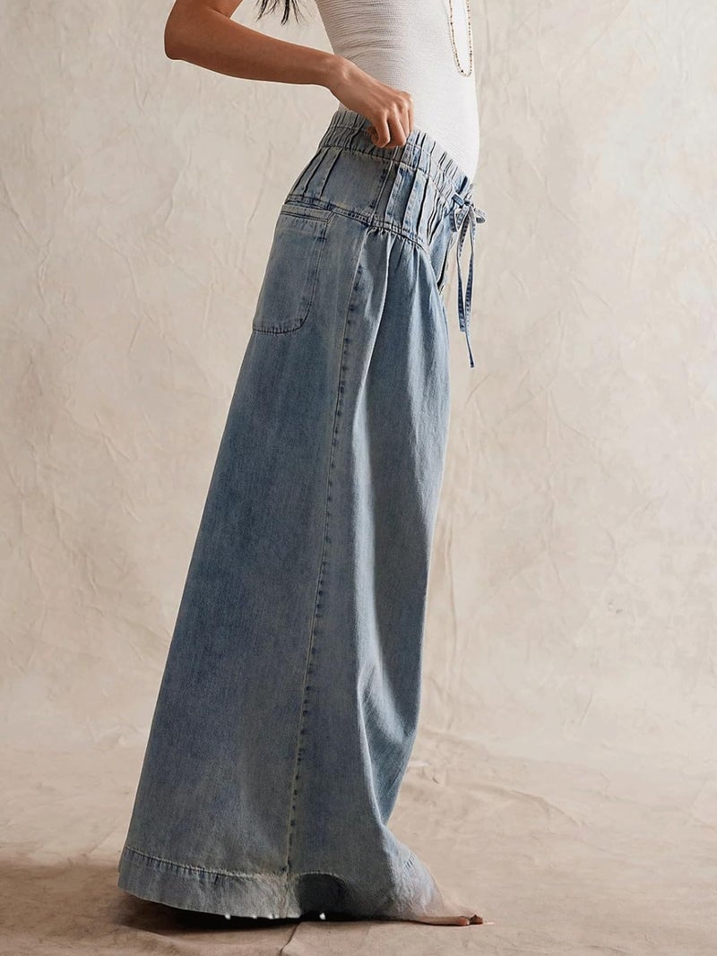 CHARTOU Women's Baggy Wide Leg Denim Pants Drawstring Midi Waisted Flare Jeans Ruffle Pleated Button Jeans (Small,Light Blue) - Image 4