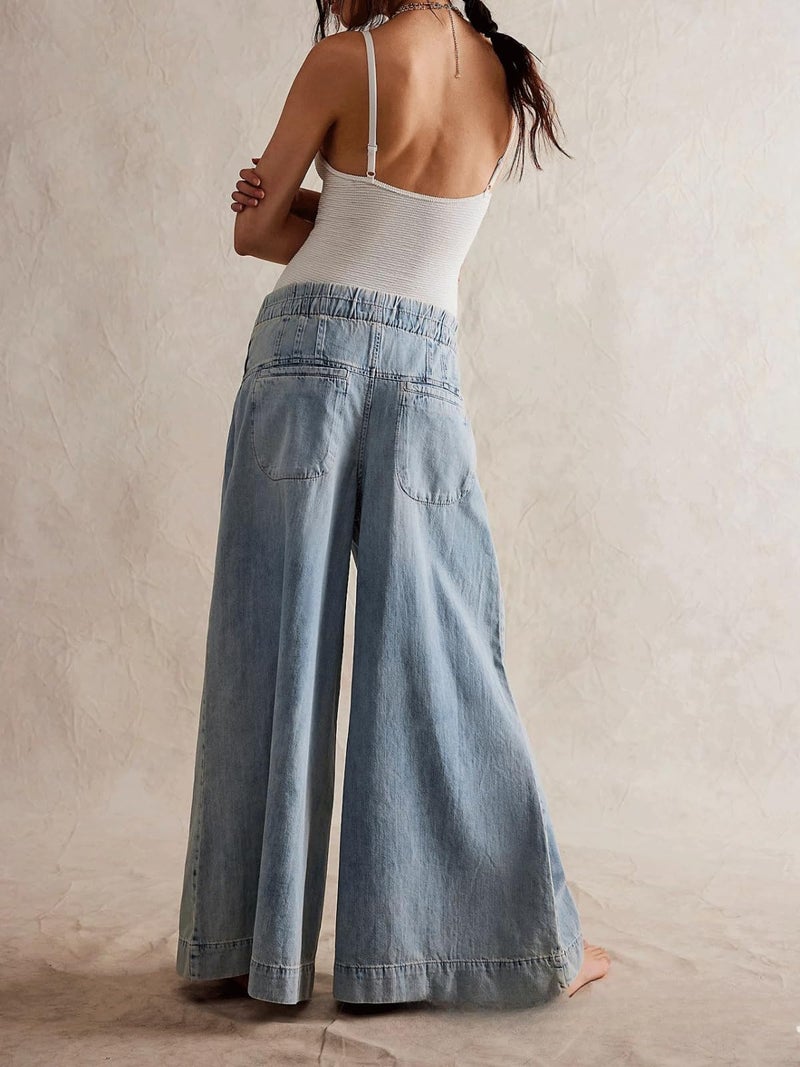 CHARTOU Women's Baggy Wide Leg Denim Pants Drawstring Midi Waisted Flare Jeans Ruffle Pleated Button Jeans (Small,Light Blue) - Image 2