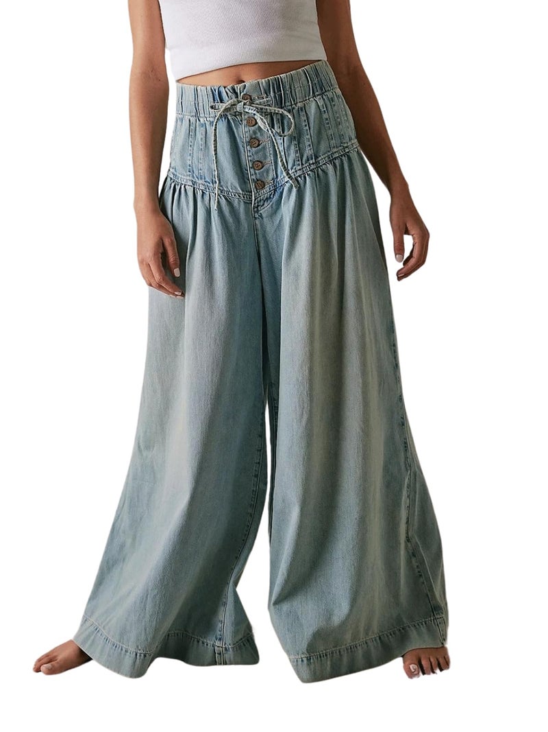 CHARTOU Women's Baggy Wide Leg Denim Pants Drawstring Midi Waisted Flare Jeans Ruffle Pleated Button Jeans (Small,Light Blue) - Image 1