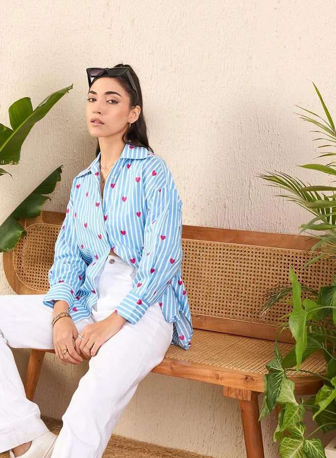 Uptownie Blue Striped Heart Print Drop Hem Shirt