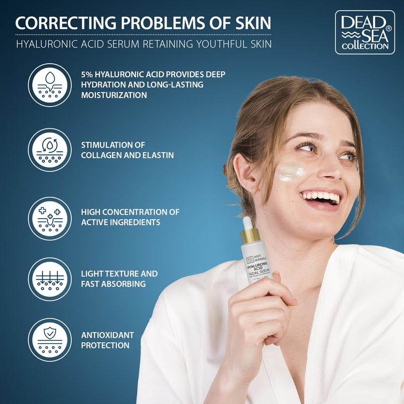 Dead Sea Collection Serum for Face with 5% Hyaluronic Acid, Dead Sea Minerals, and Vitamin E â€“ Anti Aging Nourishing Skin Care Moisturizer to Reduce Wrinkles (1.01 fl. oz) - Image 5