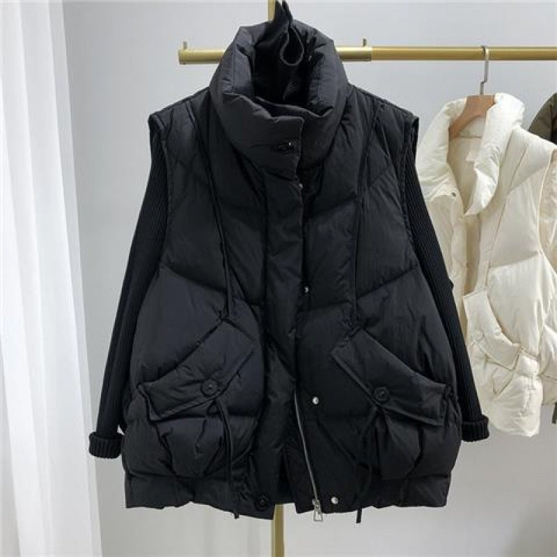 Autumn and winter new down cotton-padded jacket womens waistcoat short loose waistcoat thickened cotton-padded jacket design sense foreign style stand collar vest Black 