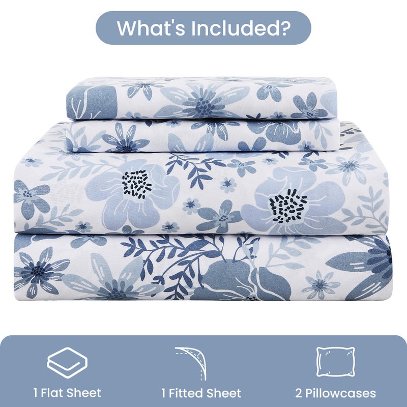 Mooreeke King Size Sheets Set - 4 Piece Soft Breathable Microfiber Bed Sheet Set - Blue & White Flower Pattern Sheet Set King - Deep Pocket Non-Slip Floral Fitted Sheet Included for All Season - Image 2