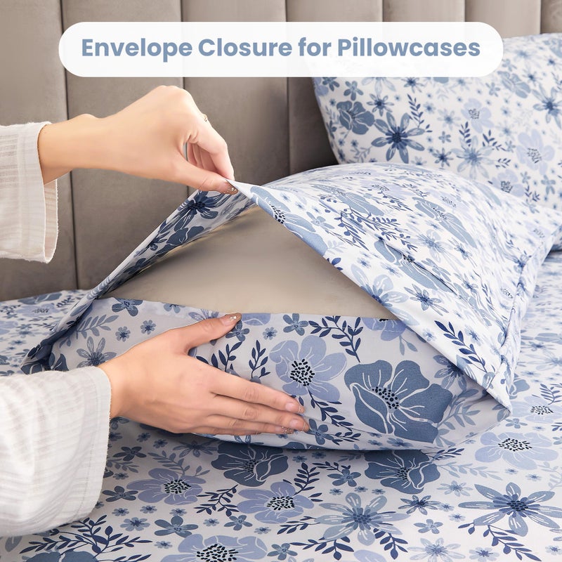 Mooreeke King Size Sheets Set - 4 Piece Soft Breathable Microfiber Bed Sheet Set - Blue & White Flower Pattern Sheet Set King - Deep Pocket Non-Slip Floral Fitted Sheet Included for All Season - Image 5