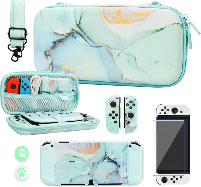 حقيبة حمل RHOTALL لجهاز Nintendo Switch Oled، حقيبة سفر محمولة بقشرة صلبة بتصميم الرخام الأخضر مع غطاء واقي، واقي شاشة، حزام كتف قابل للتعديل وقبعتين للإبهام - Image 1